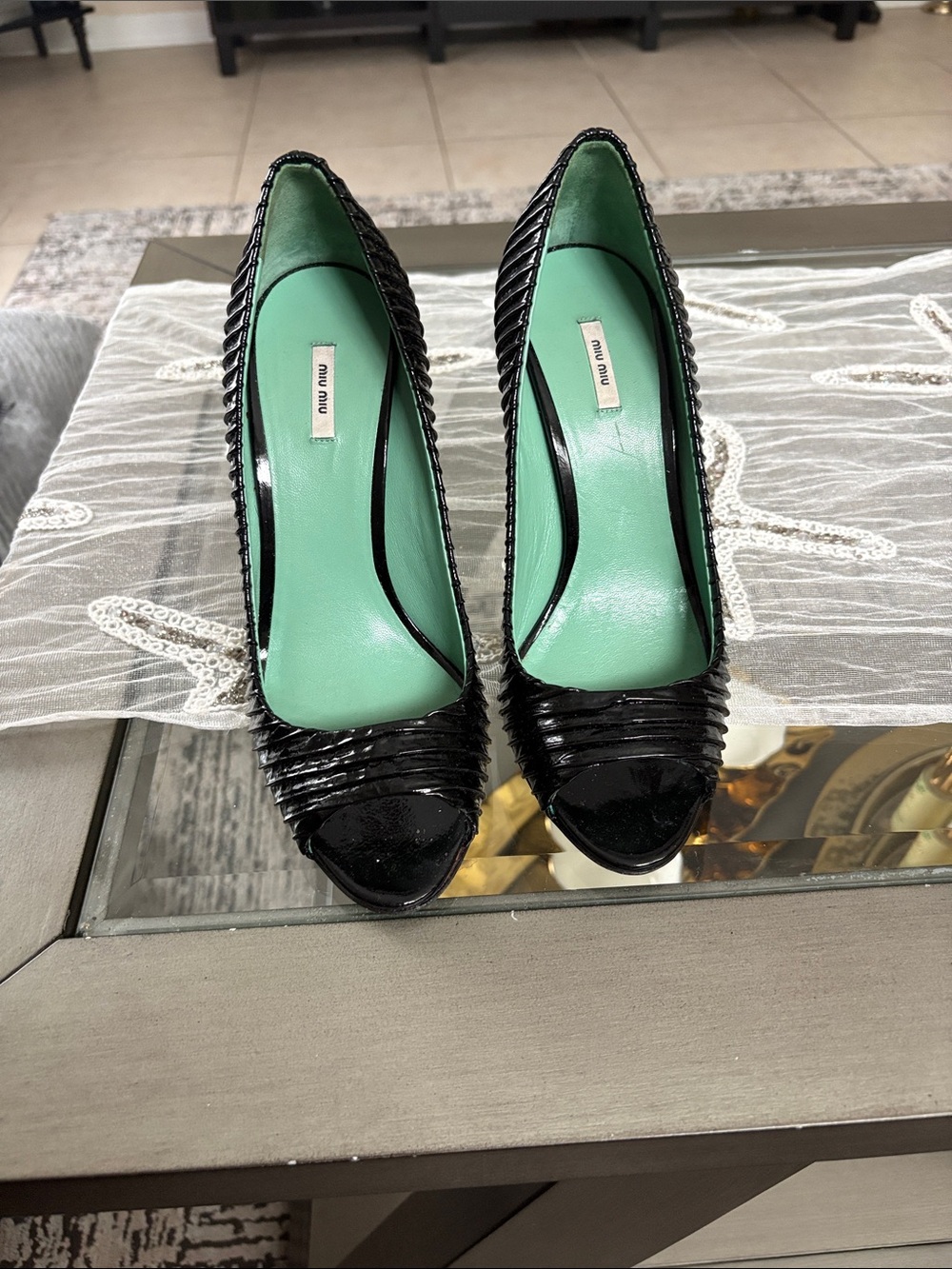 Miu Miu Black Patent Leather Peep-Toe Pumps with Mint Green Insoles
